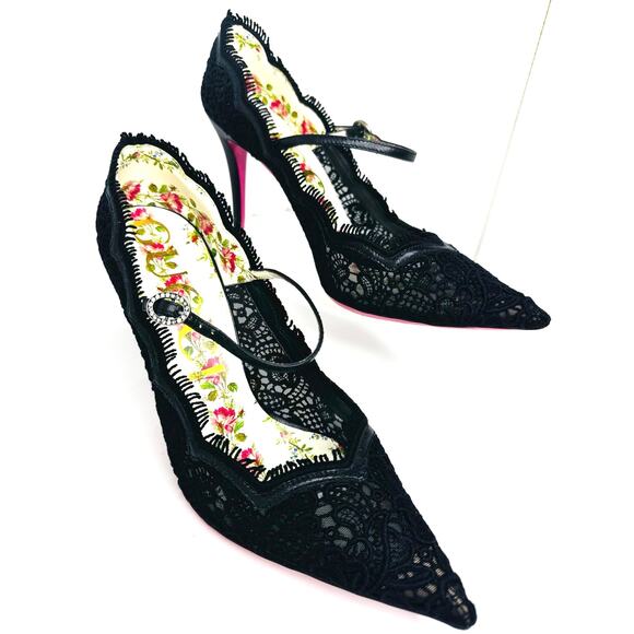 Gucci Women's Virginia Leather and Lace Mary Jane Pointed Toe Pumps sz EU 39.5 - Picture 2 of 11